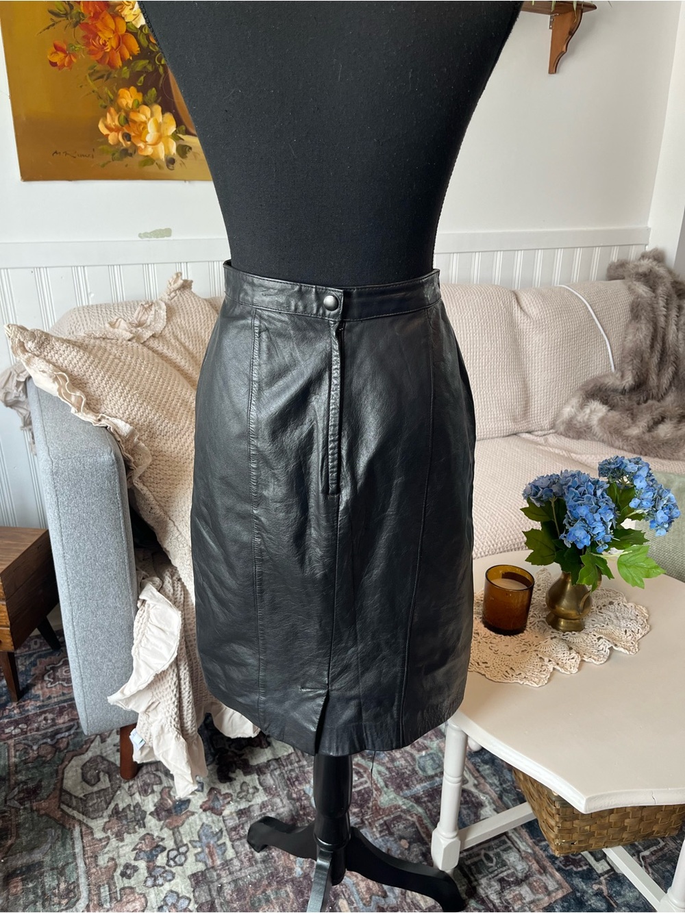 Black Vintage Evan Davies Cow Nappa Leather A-Line Skirt Size - Medium 28” Waist